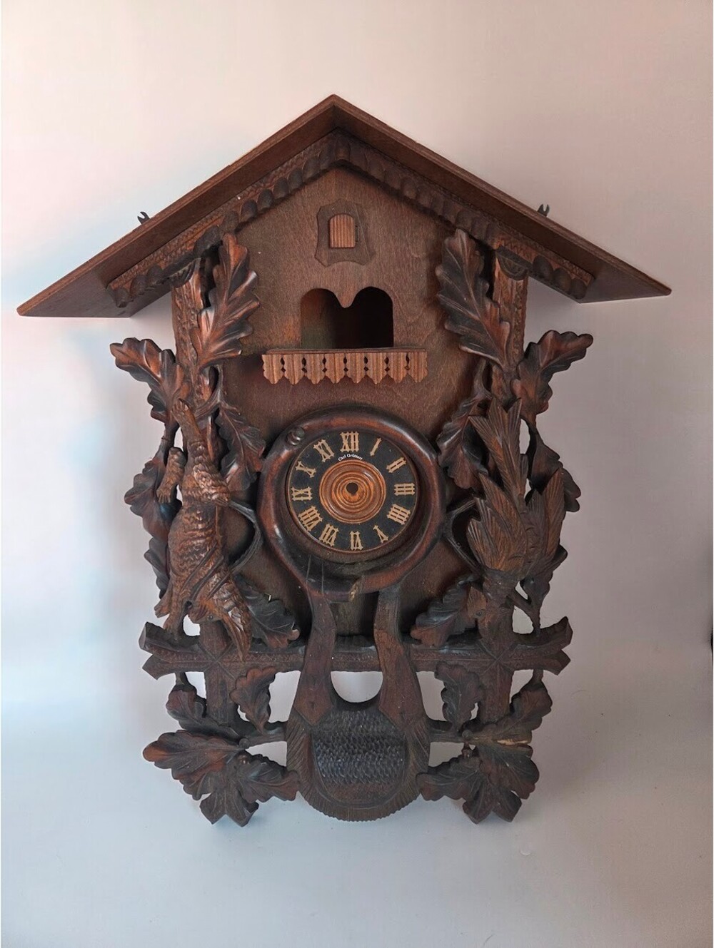 Carl Grütter Black Forest Hand-Carved Wooden Cuckoo Clock Case w/ Original Label